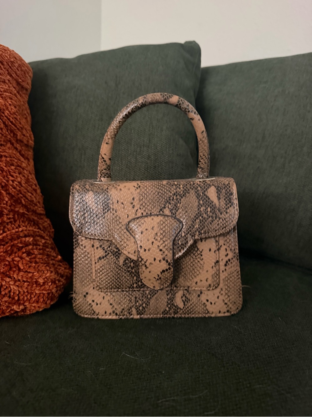 Structured Snake-Embossed Top-Handle Bag in Tan
